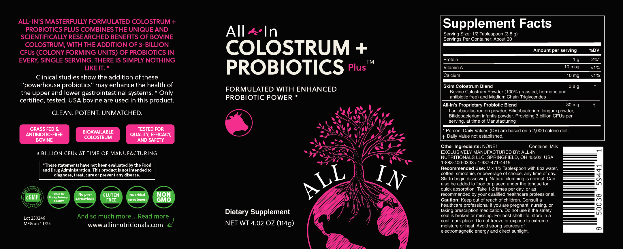 All In Colostrum + Probiotics Plus supplement label with branding and product details.