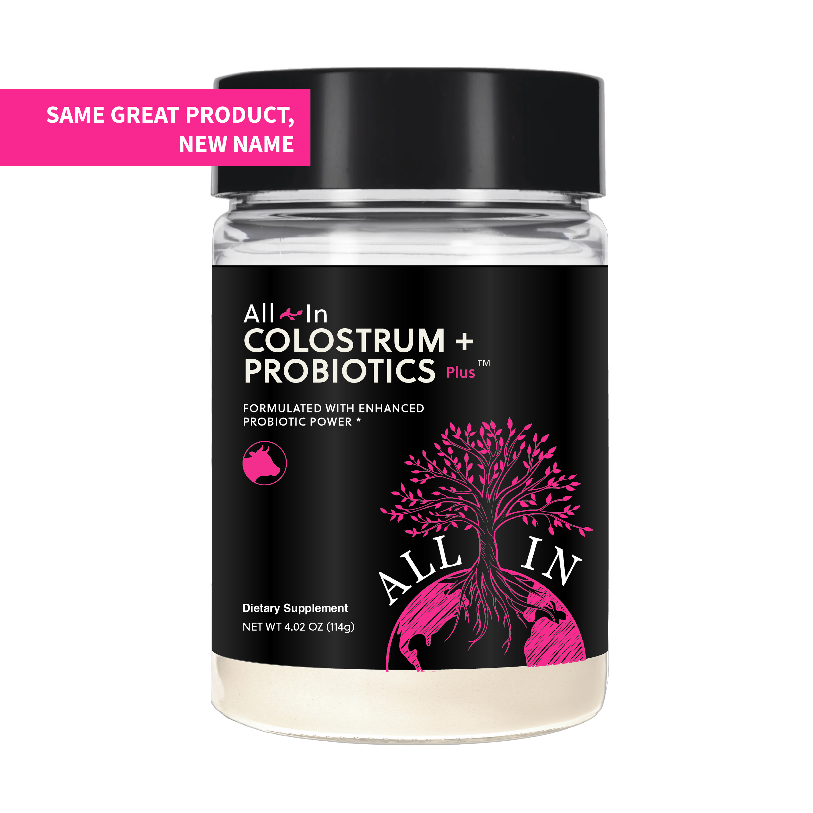 Jar of All In Colostrum + Probiotics Plus on a white background