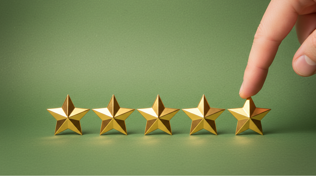 5 golden stars with finder of hand pressing the fifth star, make background clean green shaded craft paper, put stars with hand into lower half of the image