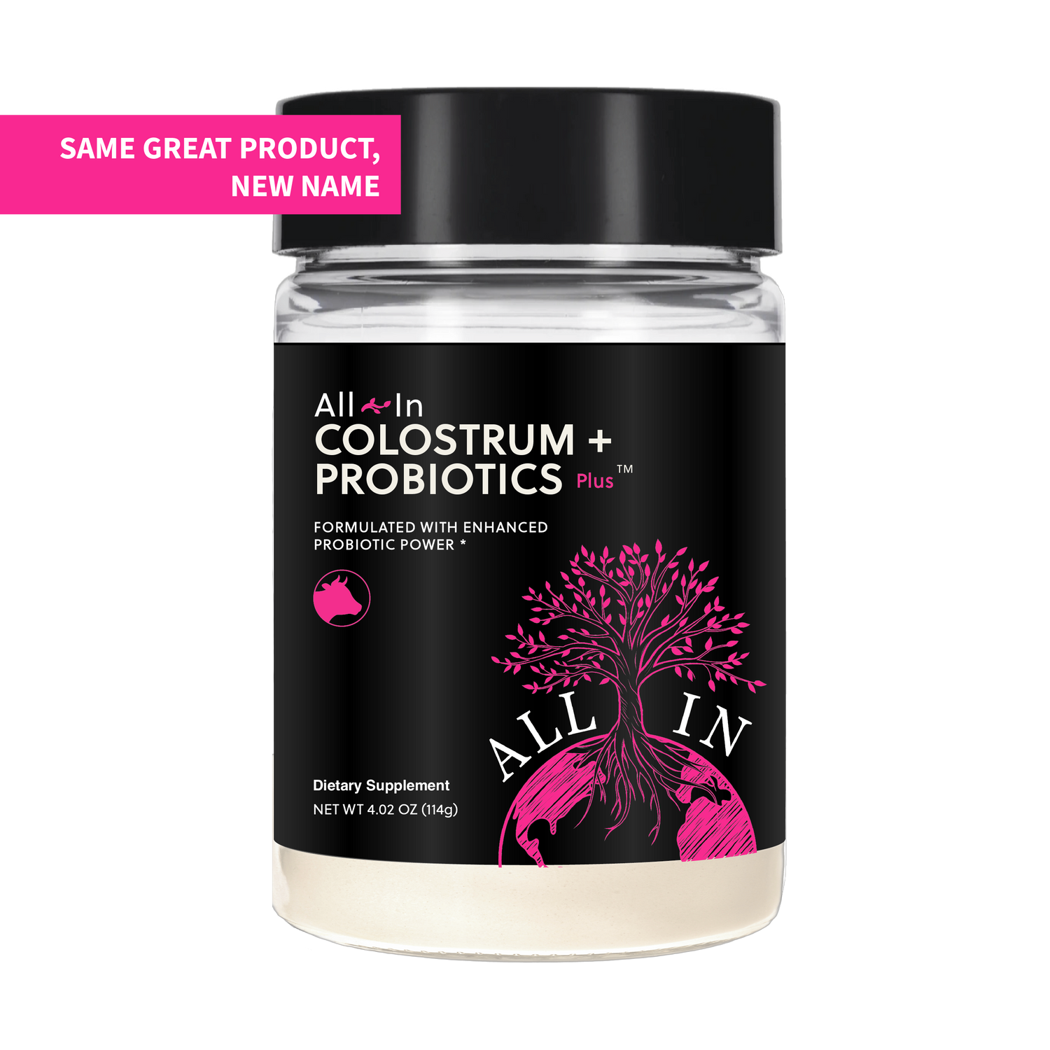 Jar of All In Colostrum + Probiotics Plus on a white background