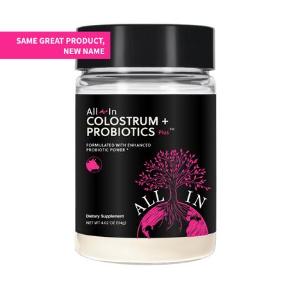 Jar of All In Colostrum + Probiotics Plus on a white background